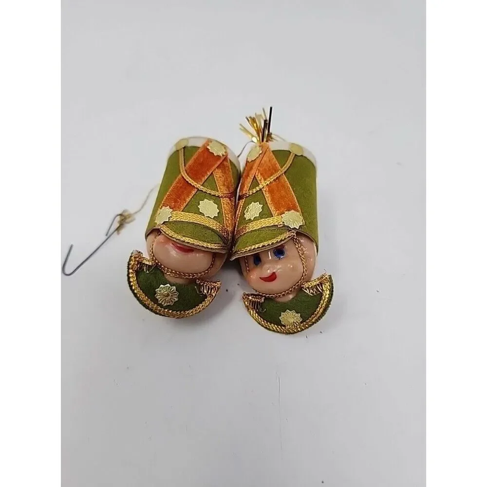 Vintage 60s‎ Pair Soldier Head Christmas Ornaments 3.5in Plastic Elf Face Japan